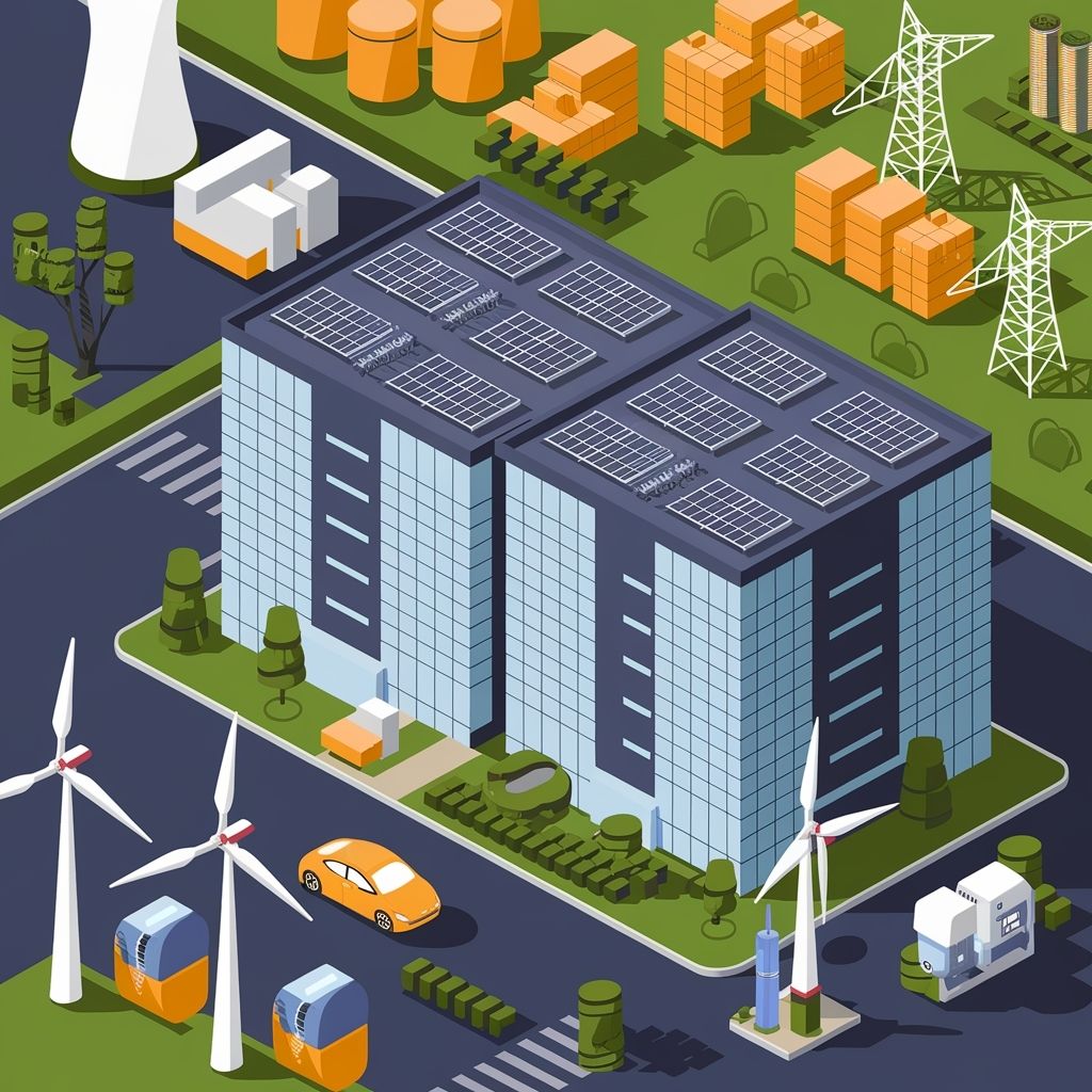 Illustration isométrique d'un complexe de bureaux écologiques avec des panneaux solaires sur le toit, des éoliennes, des véhicules électriques et des infrastructures énergétiques durables.